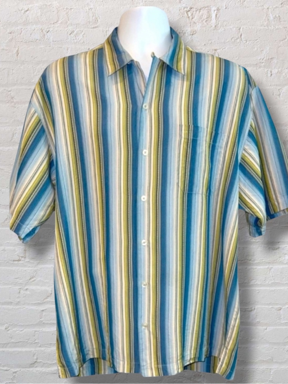 Tommy Bahama 100% Silk Shirt Men’s Large Blue Stripe Short Sleeve Y2K Style